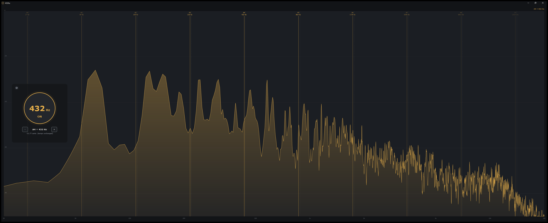 432hz maximised: the live spectrum fills the screen with every A marked from A0 at 27 Hz to A9, and a small panel on the left shows the gold button reading “432 Hz, ON” with “A4 = 432 Hz” between the minus and plus buttons.