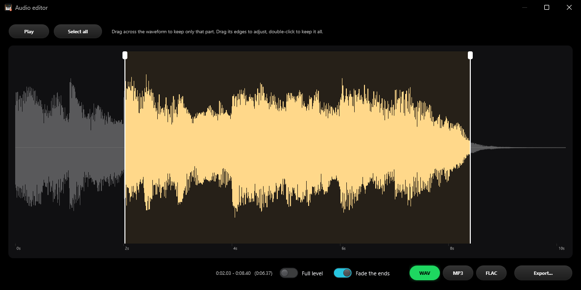 The audio editor: drag across the waveform to keep only that part, then save it as WAV, MP3 or FLAC.