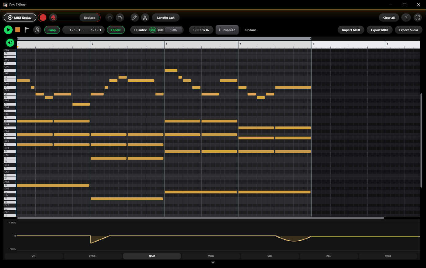 The Pro Editor with a pitch bend curve drawn in the lane under the notes, and lane tabs for velocity, pedal, bend, mod, volume, pan and expression.