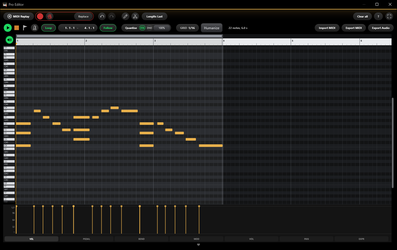 A phrase brought back by MIDI Replay in the Pro Editor, with each note's velocity shown underneath.